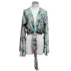 Green Pink Boho Silk Blend Paisley Floral Bell Sleeve Fairy Crop Wrap Top